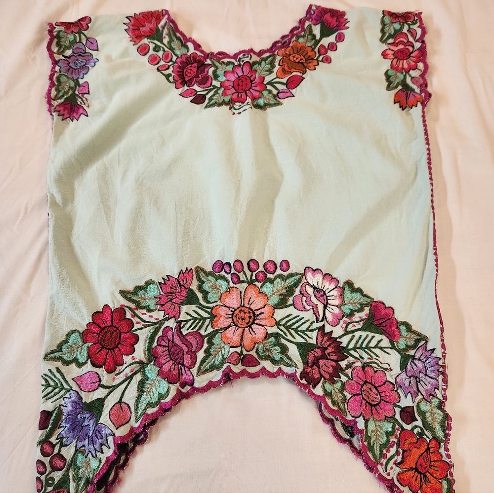 Women's Mint Embroidered Floral Arch Hem Linen Tunic Top Size L Handmade Artsy - Picture 8 of 11